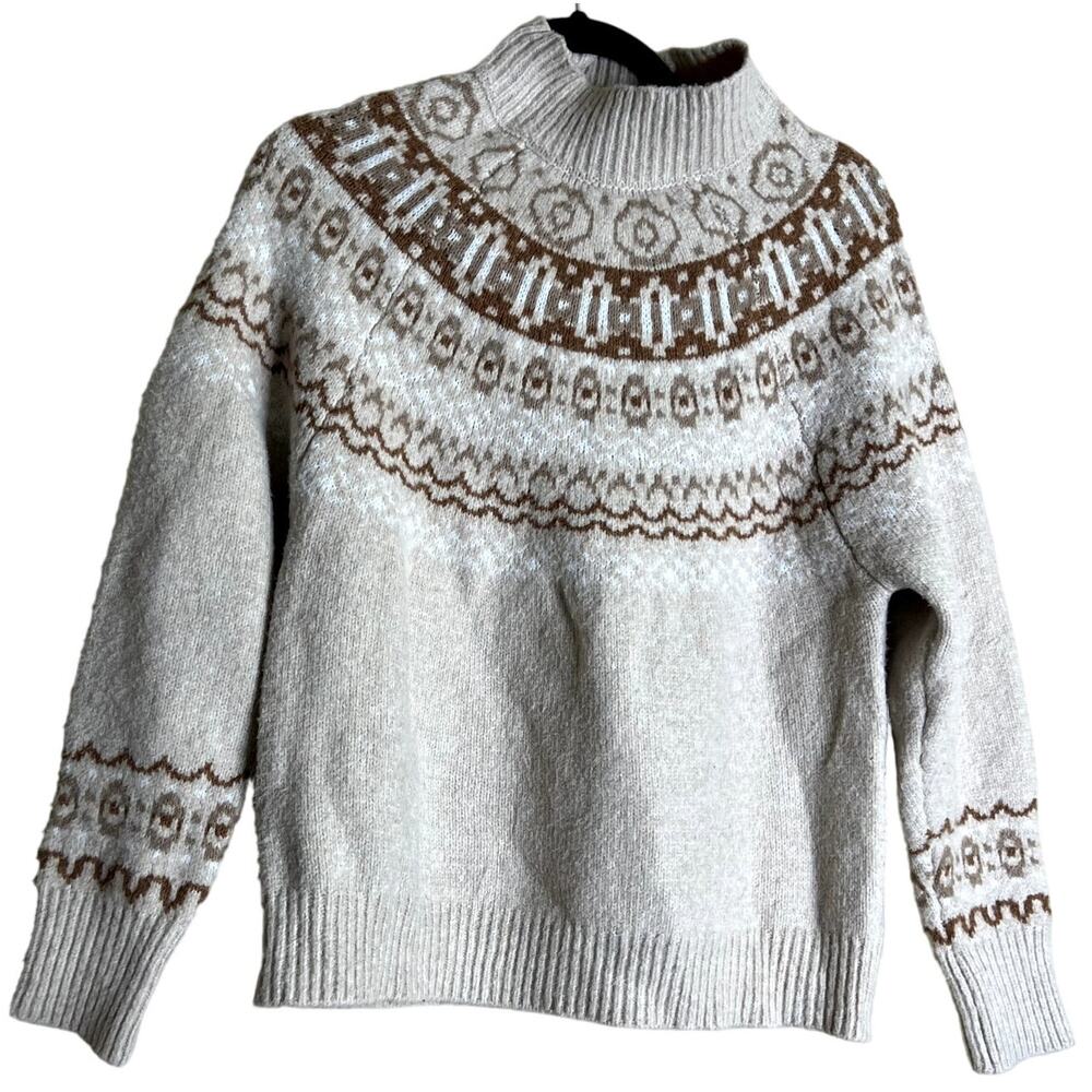 Cupcakes and Cashmere Sweater Women Medium Beige Knit Fair Isle Knit Pullover
